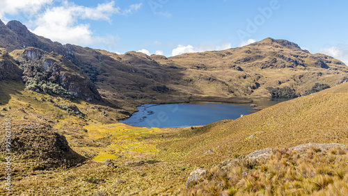 El Cajas National Park in the Ecuadorian Andes. Mountain landscape on sunny day. Lake (lagoon) Larga at an altitude of 4000 m above sea level. Paramo ecosystem. Azuay Province near the city of Cuenca.