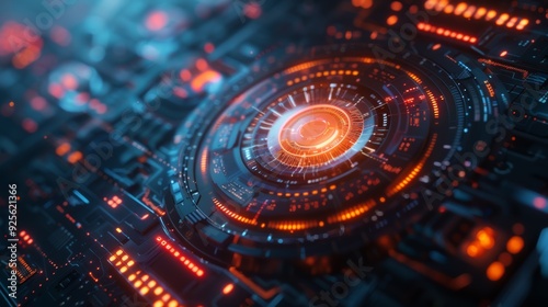 A futuristic, abstract digital design featuring glowing circular patterns and circuitry in vibrant blue and orange hues, suggesting advanced technology and innovation