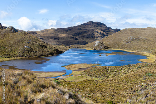 El Cajas National Park in the Ecuadorian Andes. Mountain landscape on sunny day. Lake (lagoon) Negra at an altitude of 4100 m above sea level. Paramo ecosystem. Azuay Province near the city of Cuenca.