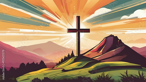 Cartoon colorful Cross on a hill sunrise Christian faith inspirational motivational church background room for copy