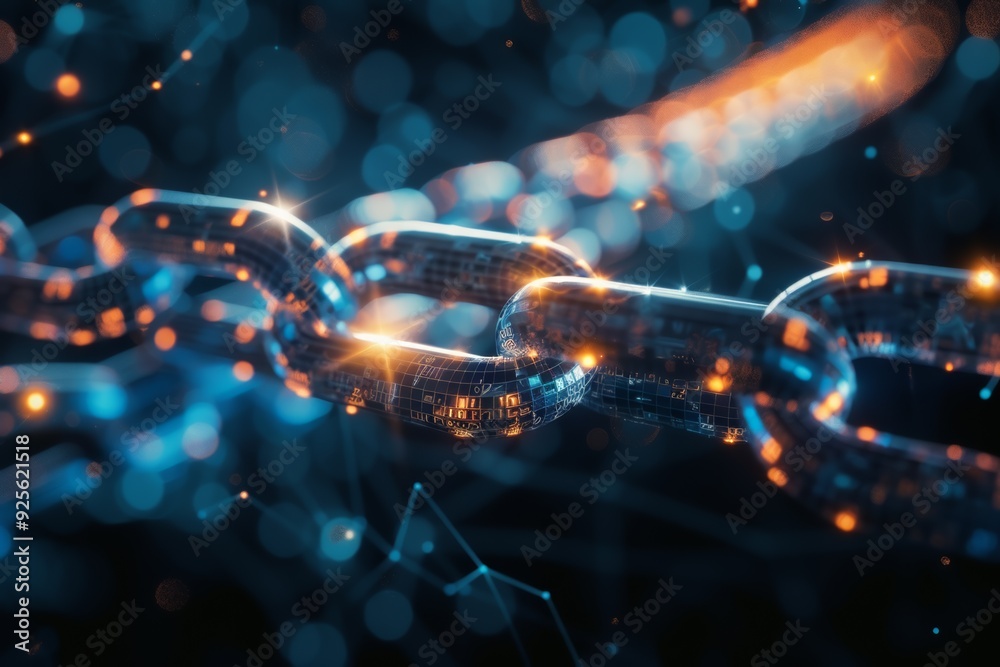 A digital representation of a chain made of glowing links, symbolizing connectivity and technology, set against a dark, abstract background filled with sparkling elements A digital representation of a chain made of glowing links, symbolizing connectivity and technology, set against a dark, abstract background filled with sparkling elements