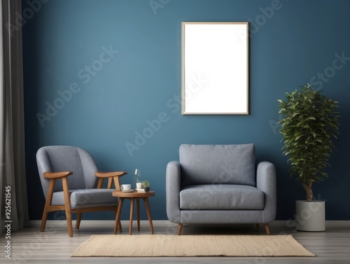 Two Armchairs and a Plant in a Modern Living Room with a Blank Canvas