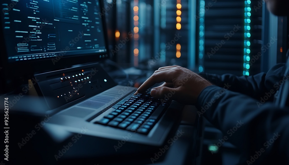 Technician Typing Commands on a Rack-Mounted Console in a High-Tech Data Center Environment Technician Typing Commands on a Rack-Mounted Console in a High-Tech Data Center Environment