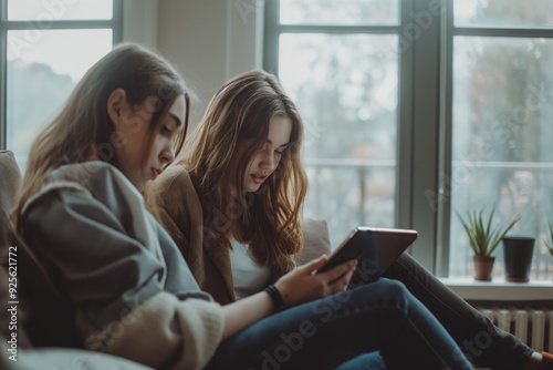 Friends relaxing at home with digital tablet enjoying free time, relaxation concept