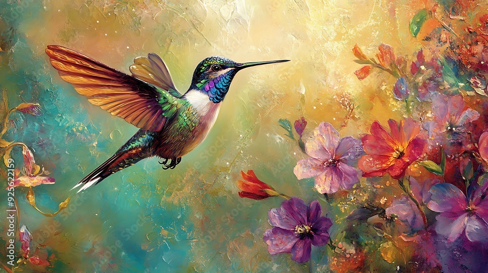 Hummingbird in Flight, Surrounded by a Garden of Flowers Hummingbird in Flight, Surrounded by a Garden of Flowers