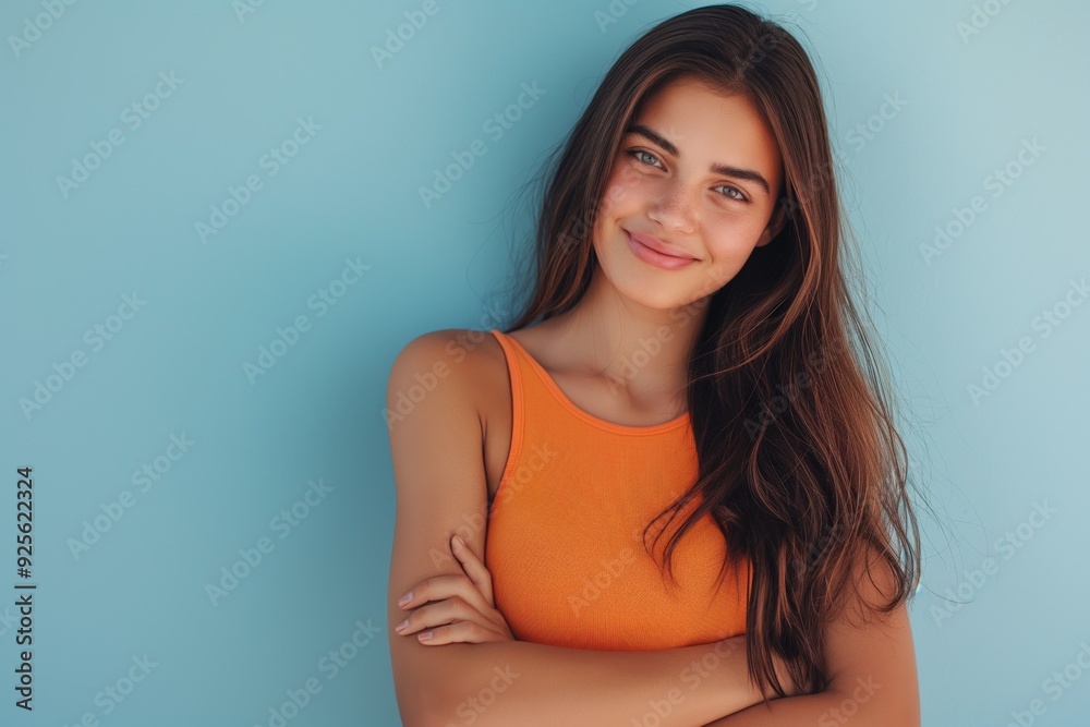 Obraz premium Smiling woman in orange top smiling with arms crossed in orange top happy concept