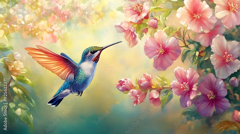 Fototapeta premium Hummingbird in Flight Near Pink Flowers