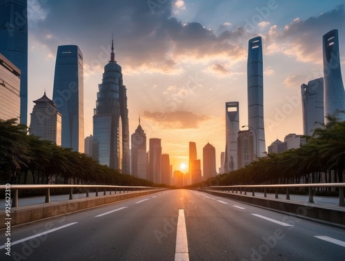 Empty Road Leading Through Modern Skyscrapers at Sunset