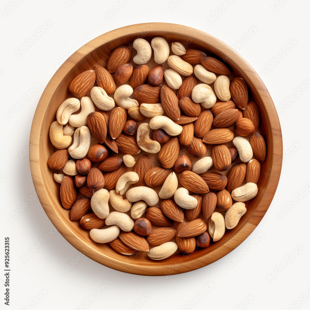 Top view, wooden plate containing a lot of pistachios, walnuts, pecan nuts, bright light, white background Top view, wooden plate containing a lot of pistachios, walnuts, pecan nuts, bright light, white background