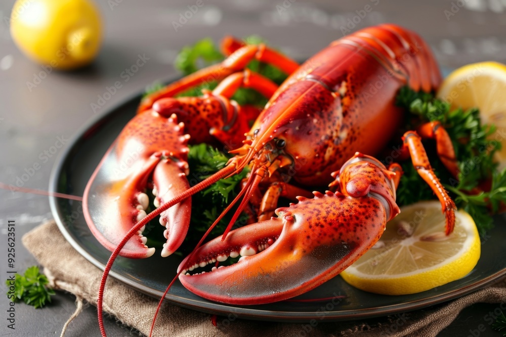 Freshly Cooked Lobster With Lemon Slices And Herbs Delicious Seafood Cuisine Concept Freshly Cooked Lobster With Lemon Slices And Herbs Delicious Seafood Cuisine Concept