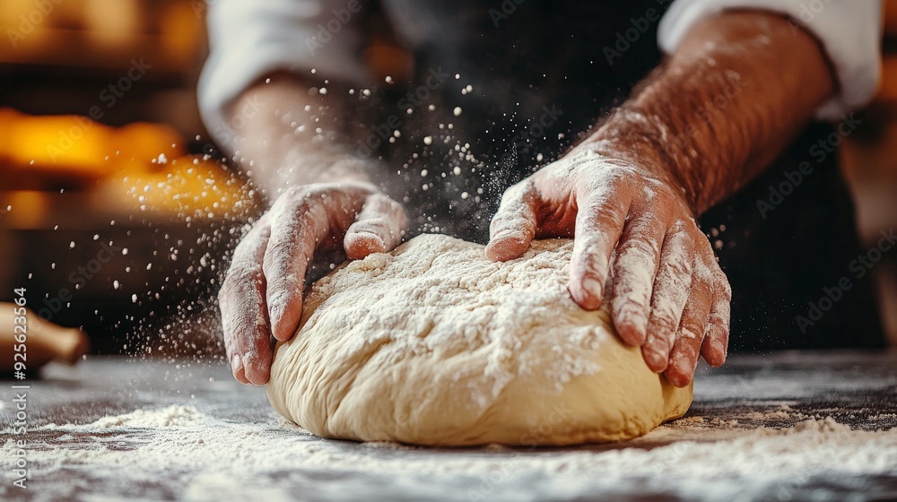 A baker kneads the dough on a floured surface, preparing it for baking fresh bread. A baker kneads the dough on a floured surface, preparing it for baking fresh bread.