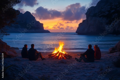 Campers gather around a campfire on the beach at sunset, enjoying the warm glow and scenic views in a tranquil coastal area photo