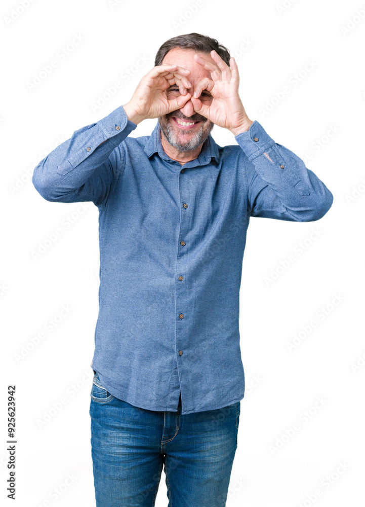 Handsome middle age elegant senior man over isolated background doing ok gesture like binoculars sticking tongue out, eyes looking through fingers. Crazy expression. Handsome middle age elegant senior man over isolated background doing ok gesture like binoculars sticking tongue out, eyes looking through fingers. Crazy expression.