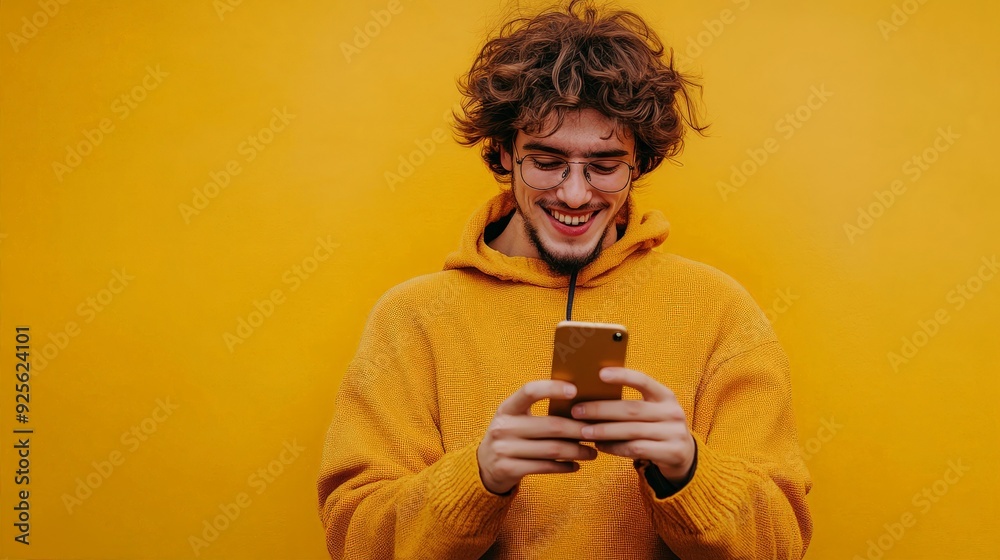 Fototapeta premium happy 25 years old man using mobile phone, she is looking at phone
