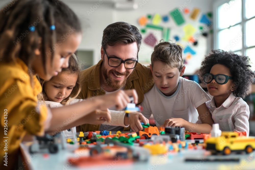 Kids and teacher building with blocks in classroom creativity concept Kids and teacher building with blocks in classroom creativity concept