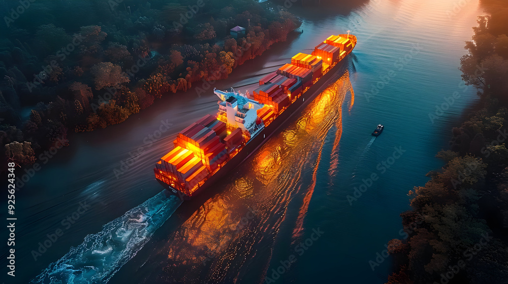 Aerial View of Cargo Ship Sailing Through a Channel at Dusk - Photo Aerial View of Cargo Ship Sailing Through a Channel at Dusk - Photo