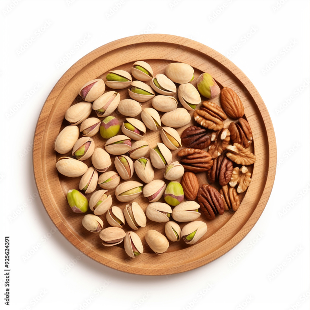 Top view, wooden plate containing a lot of pistachios, walnuts, pecan nuts, bright light, white background 