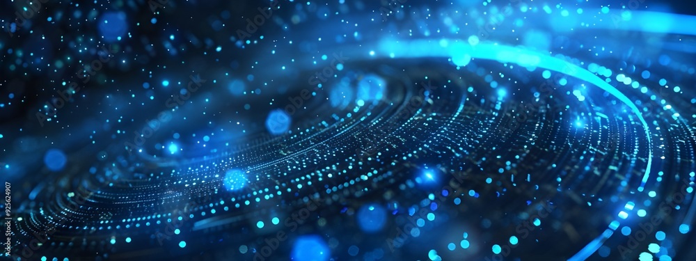 Abstract blue glowing lines forming circular shapes on a dark background, symbolizing data flow and technology network concepts. Abstract blue glowing lines forming circular shapes on a dark background, symbolizing data flow and technology network concepts.