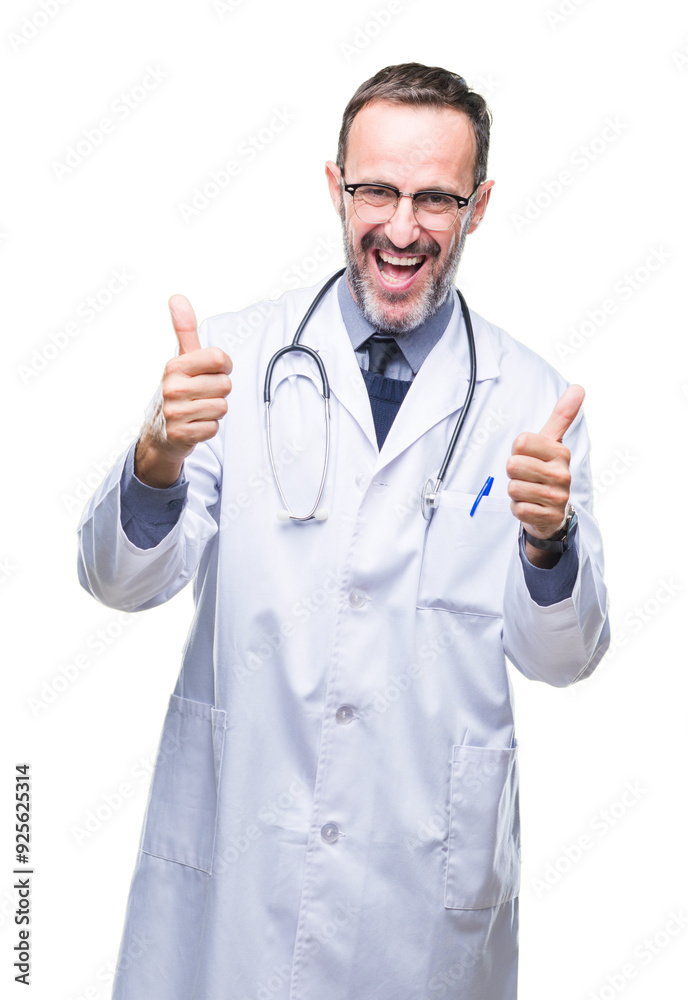 Middle age senior hoary doctor man wearing medical uniform isolated background success sign doing positive gesture with hand, thumbs up smiling and happy. Looking at the camera Middle age senior hoary doctor man wearing medical uniform isolated background success sign doing positive gesture with hand, thumbs up smiling and happy. Looking at the camera