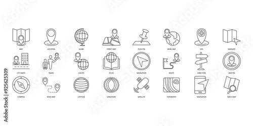 Map icons set. Set of editable stroke icons.Set of Map