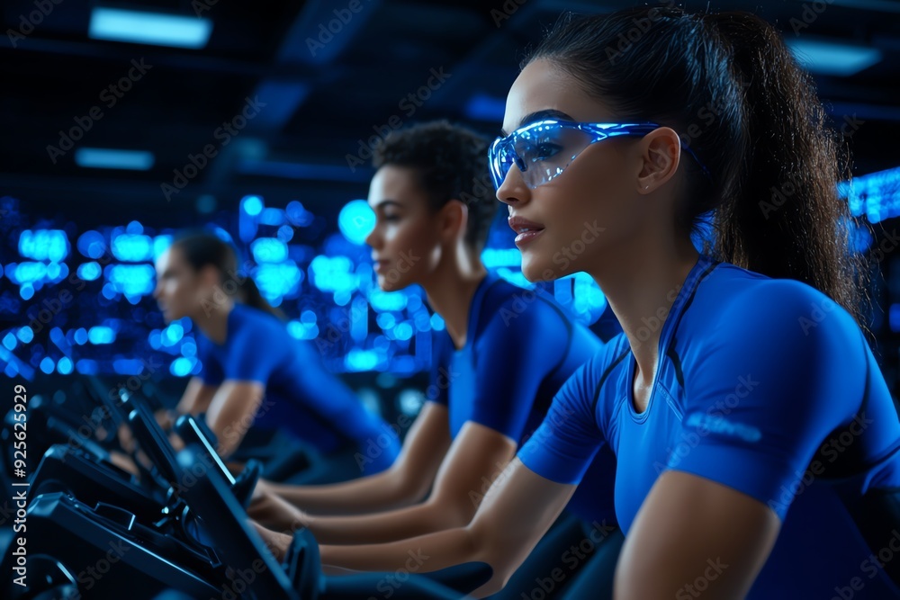 Fototapeta premium Focused individuals in blue attire working out on exercise bikes in a high-tech indoor cycling studio with neon blue lights.