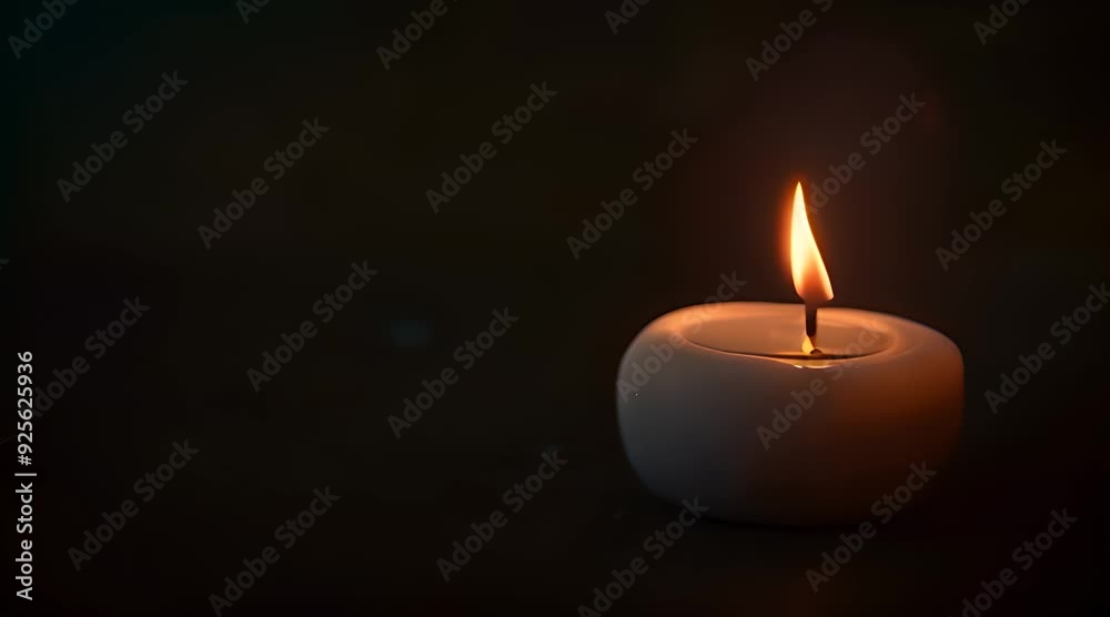 White wax candle with a delicate lit flame set against a blue background, representing emotions of loss and sorrow in a funeral or memorial context
