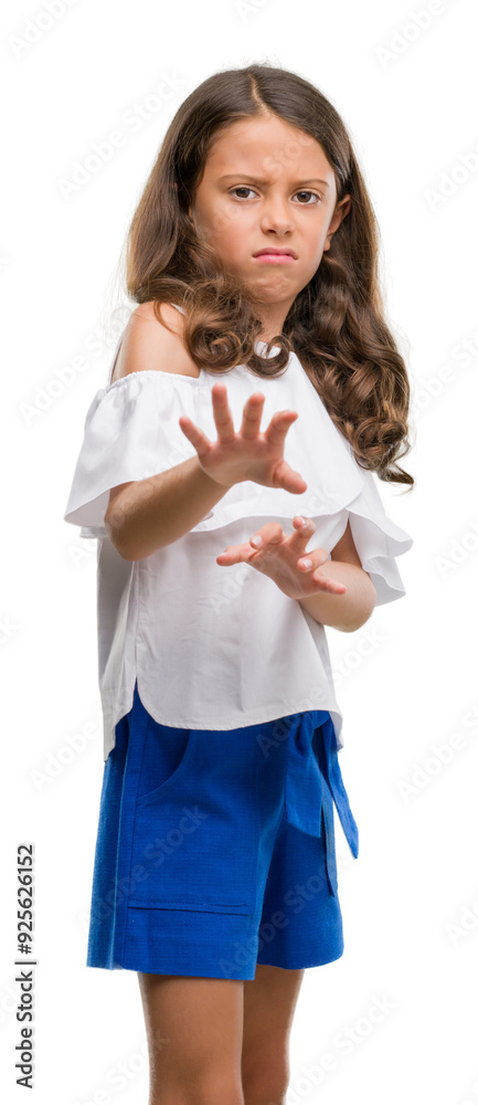 Brunette hispanic girl disgusted expression, displeased and fearful doing disgust face because aversion reaction. With hands raised. Annoying concept. Brunette hispanic girl disgusted expression, displeased and fearful doing disgust face because aversion reaction. With hands raised. Annoying concept.