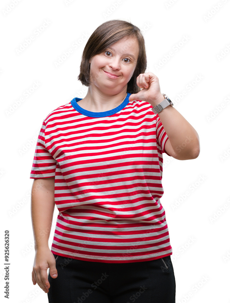 Young adult woman with down syndrome over isolated background looking confident with smile on face, pointing oneself with fingers proud and happy. Young adult woman with down syndrome over isolated background looking confident with smile on face, pointing oneself with fingers proud and happy.