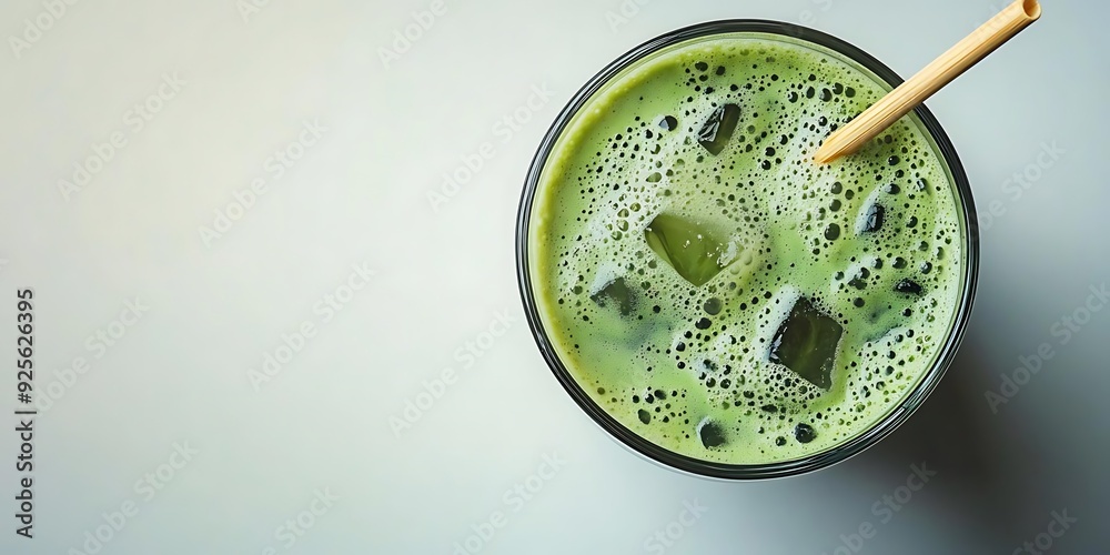 Closeup of a Glass of Icy Matcha Latte with a Straw - Photo Closeup of a Glass of Icy Matcha Latte with a Straw - Photo