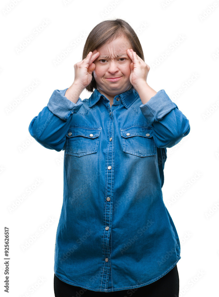 Young adult woman with down syndrome over isolated background with hand on head for pain in head because stress. Suffering migraine. Young adult woman with down syndrome over isolated background with hand on head for pain in head because stress. Suffering migraine.