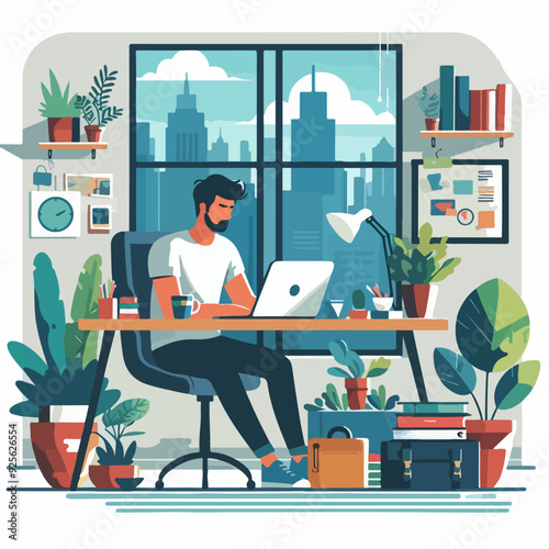 A man is sitting at a desk with a laptop and a potted plant in front of him. The room has a modern and organized feel, with a clock on the wall and a few books scattered around