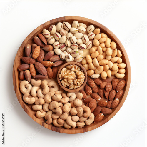 Top view, wooden plate containing a lot of pistachios, walnuts, pecan nuts, bright light, white background 