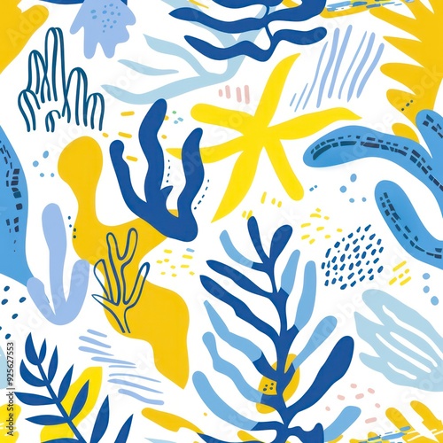 A seamless light blue and yellow pattern featuring beach motifs like starfish and sea elements, perfect for summer-themed illustrations and designs. photo