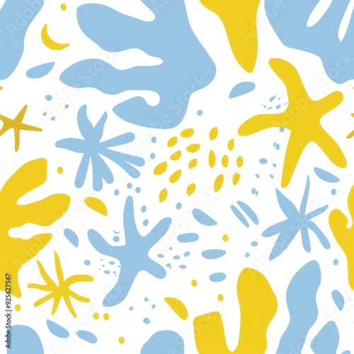 A seamless light blue and yellow pattern featuring beach motifs like starfish and sea elements, perfect for summer-themed illustrations and designs. photo