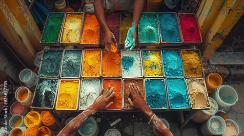 Hands Selecting Vibrant Colored Powders in Trays photo