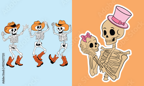 Halloween horror skeletons sticker vector