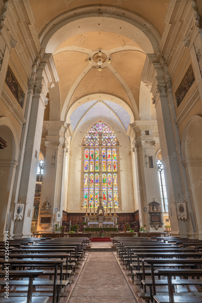 PERUGIA, ITALY - MAY 15, 2024: The nave of church Basilica di San Domenico  with the big stained glass designed by Mariotto di Nardo and made by Bartolomeo di Pietro (1411).