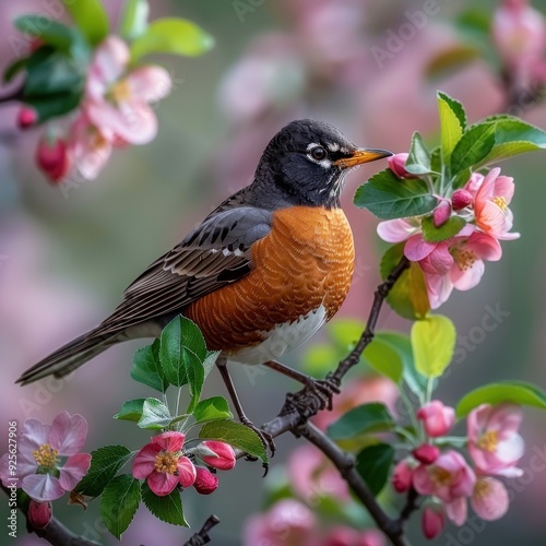 American Robin Perched on a Branch of Blooming Apple Tree photo