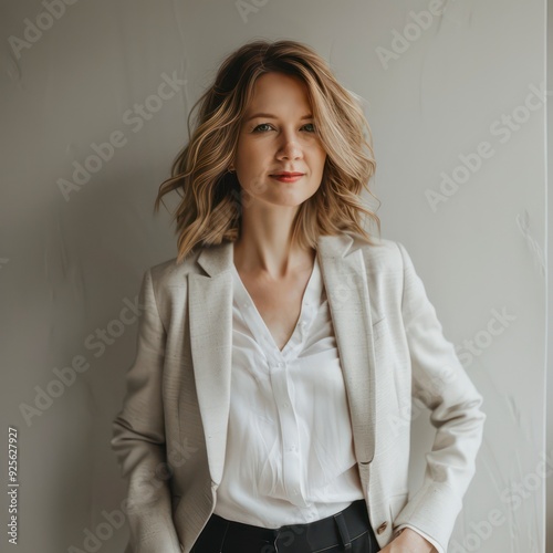 A confident business woman with blonde hair smiles warmly, wearing a professional suit, exuding beauty and poise in an office environment.