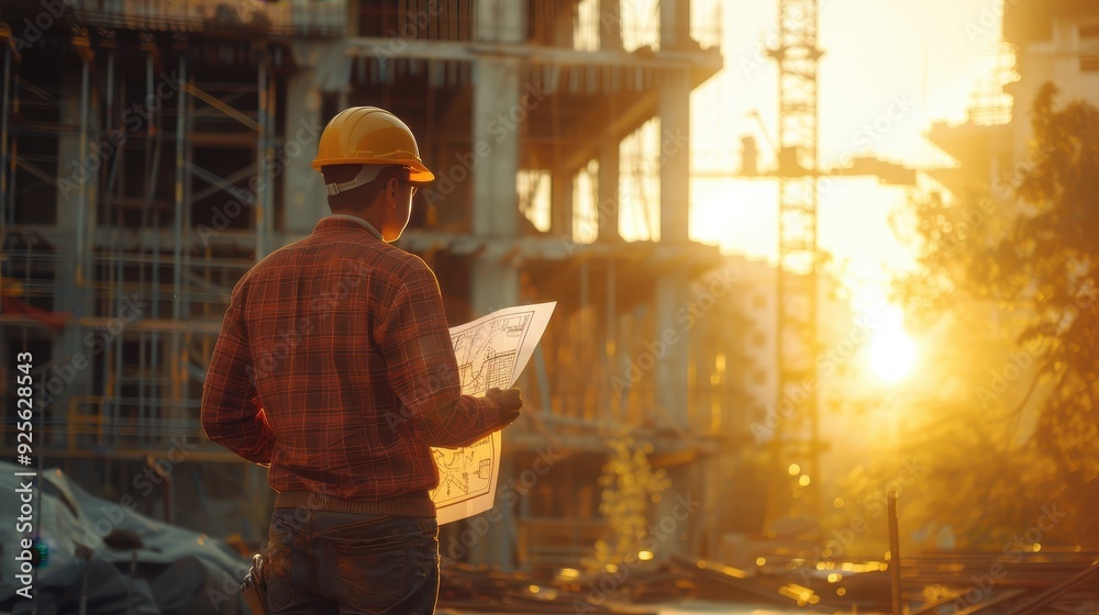 Construction Worker Reviewing Blueprints at Sunset Construction Worker Reviewing Blueprints at Sunset