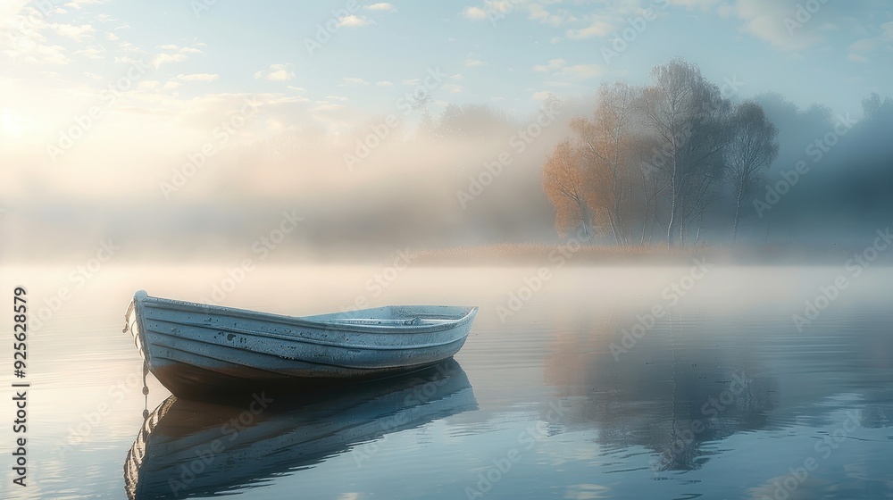 A Small Boat Anchored in Foggy Waters at Dawn A Small Boat Anchored in Foggy Waters at Dawn