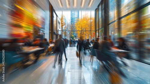 Blurred Motion of People Walking Past a Window with a View of a City Park