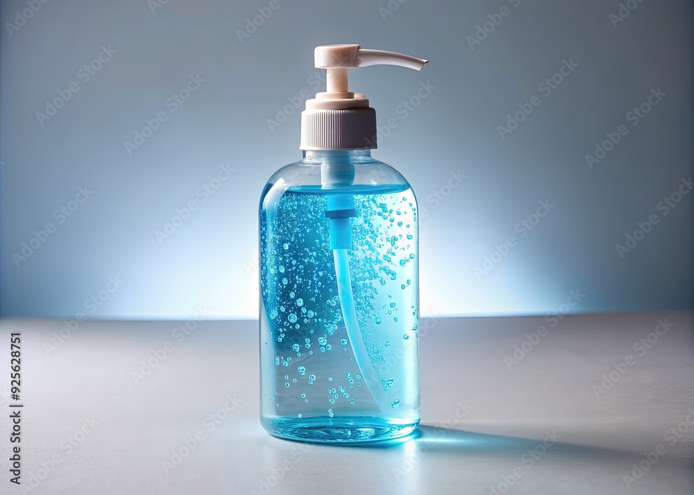 A clear plastic bottle of antibacterial hand sanitizer gel stands upright on a white surface, its translucent contents glowing with a subtle blue tint. A clear plastic bottle of antibacterial hand sanitizer gel stands upright on a white surface, its translucent contents glowing with a subtle blue tint.