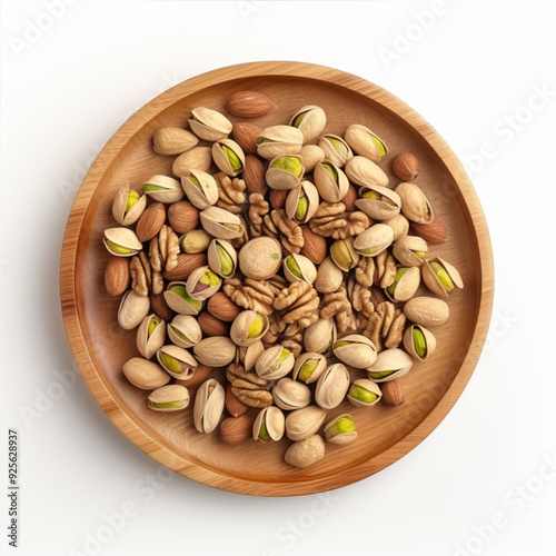 Top view, wooden plate containing a lot of pistachios, walnuts, pecan nuts, bright light, white background 