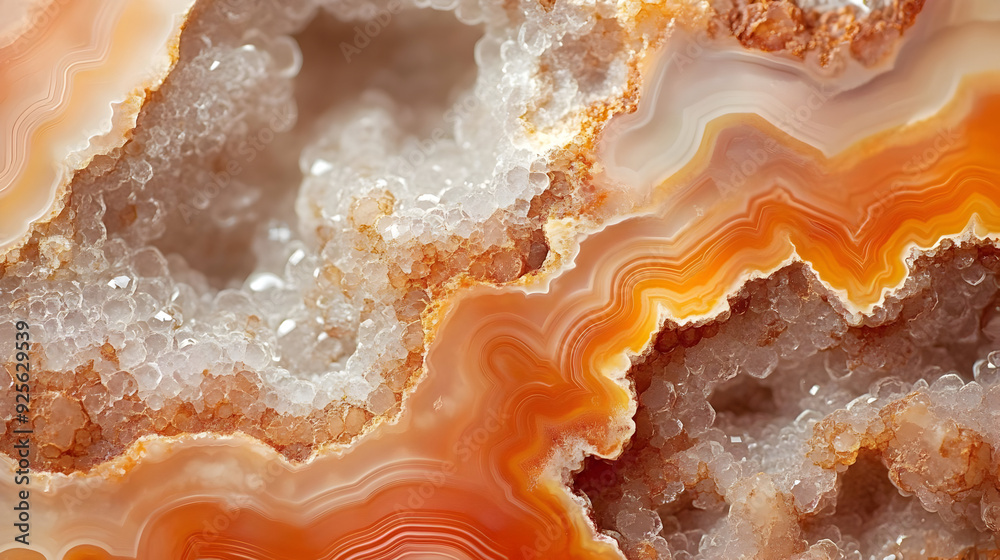 Close-up of vibrant orange and white agate crystal formations. Close-up of vibrant orange and white agate crystal formations.
