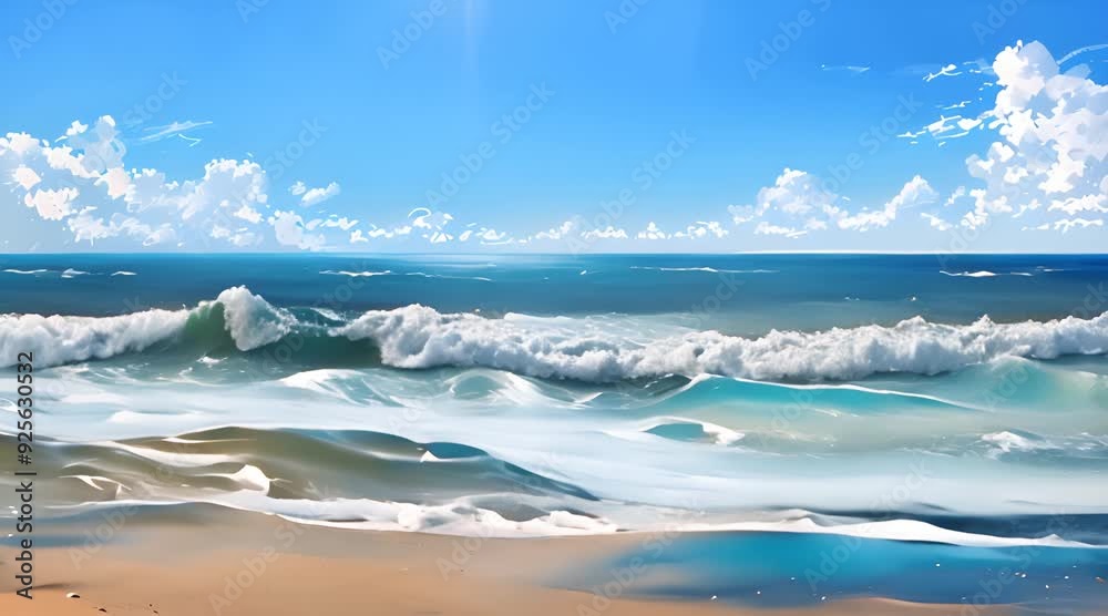 Summer beach background with golden sand and gentle waves, under a clear blue sky, evoking a perfect sunny day by the ocean