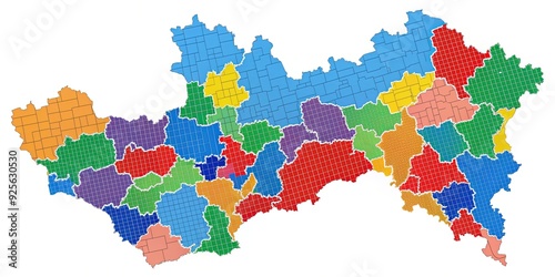 A confusing, irregularly shaped electoral district boundary map with fragmented territories and contorted lines, symbolizing the political manipulation of voting areas. photo