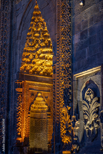 Erzurum Cifte Minareli Medrese or Intricate carvings and illuminated details mTwin Minaret Madrasa, showcasing the mastery of Seljuk artisanship and spiritual symbolism.