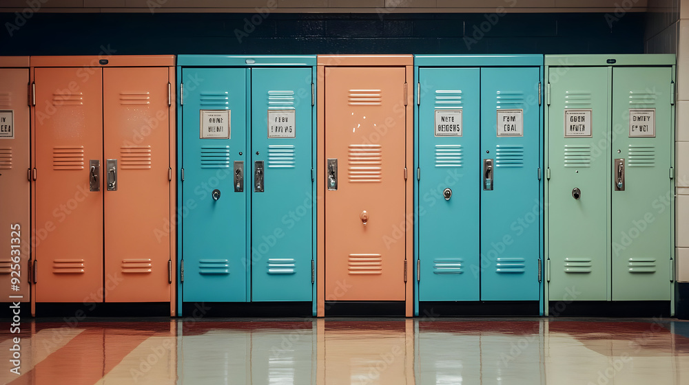 Colorful school lockers in a hallway with motivational signs. Colorful school lockers in a hallway with motivational signs.