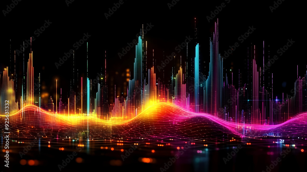 Colorful sound wave visualization in a digital environment. Colorful sound wave visualization in a digital environment.